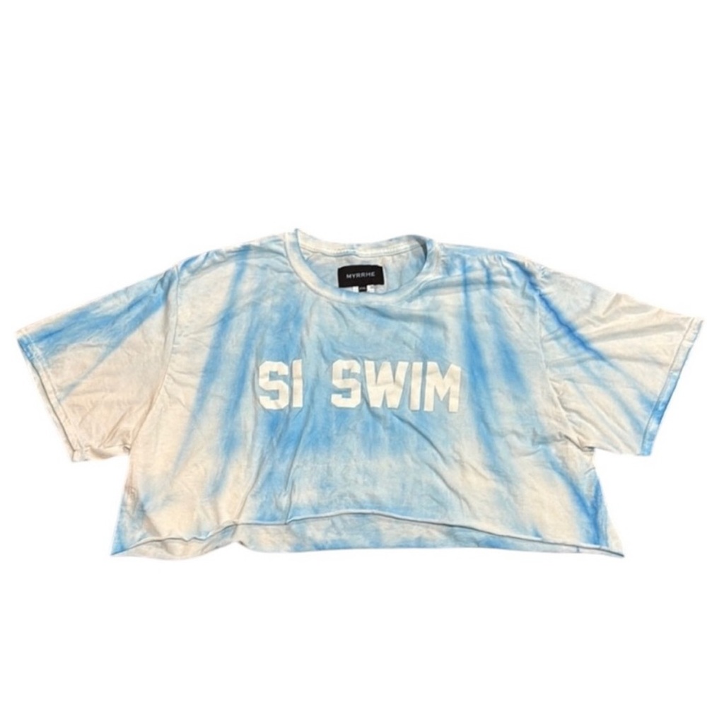 MYRRHE blue and white sports illustrated tie dye t shirt